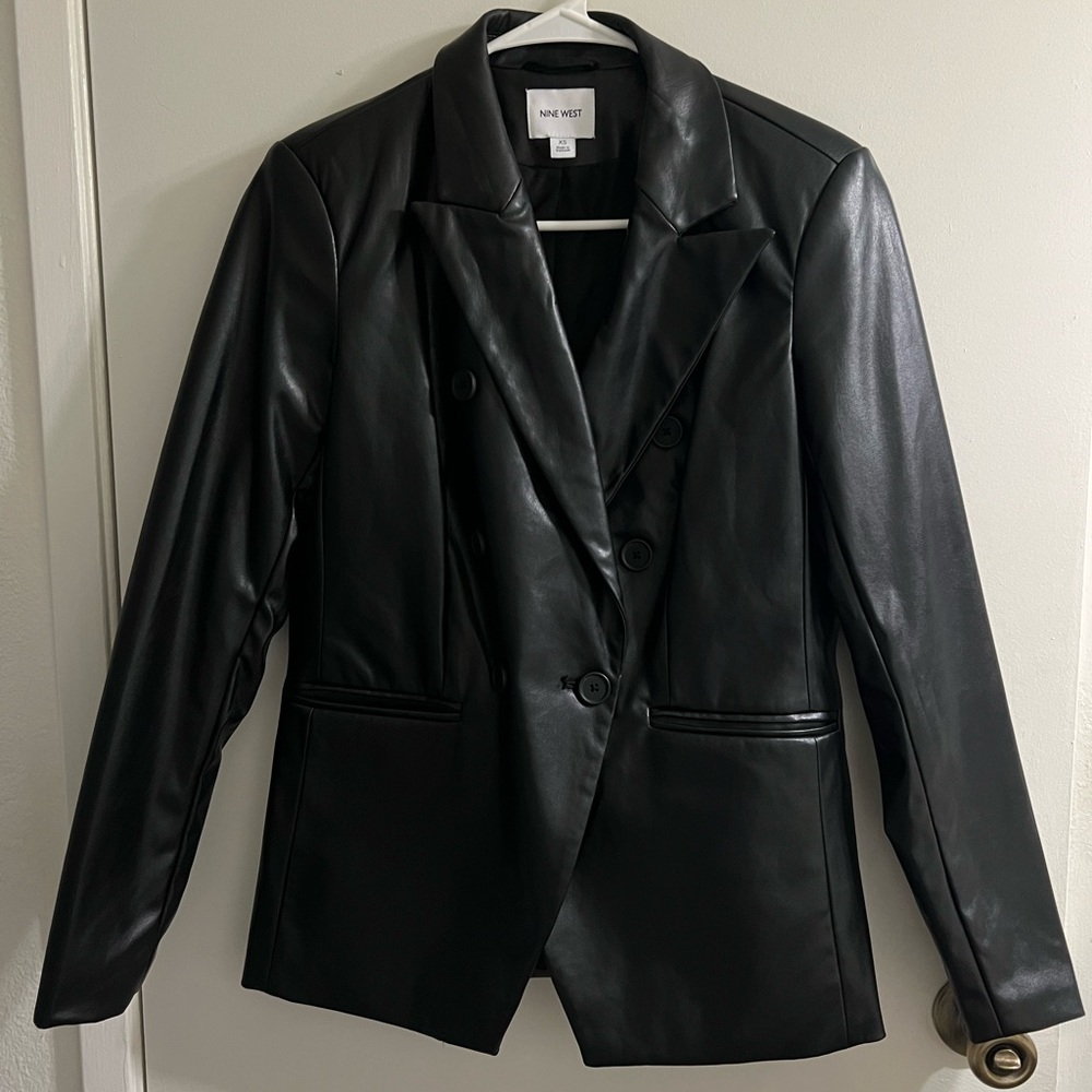 Nine West Faux Black Leather Blazer Jacket, like NEW Hailey Bieber style.